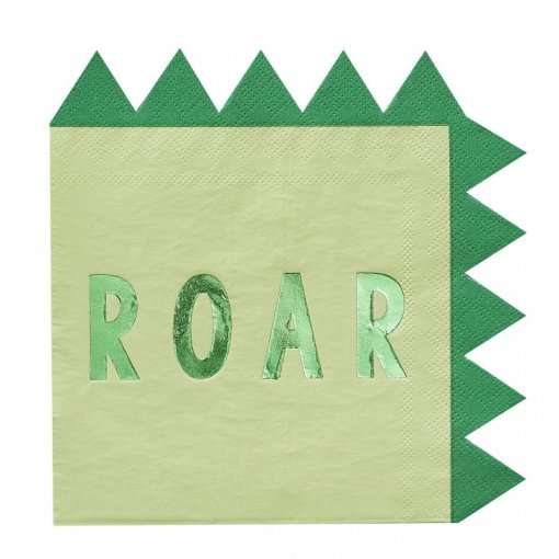 Guardanapo verde claro com palavra ROAR em letras metálicas verdes e bordas triangulares verdes