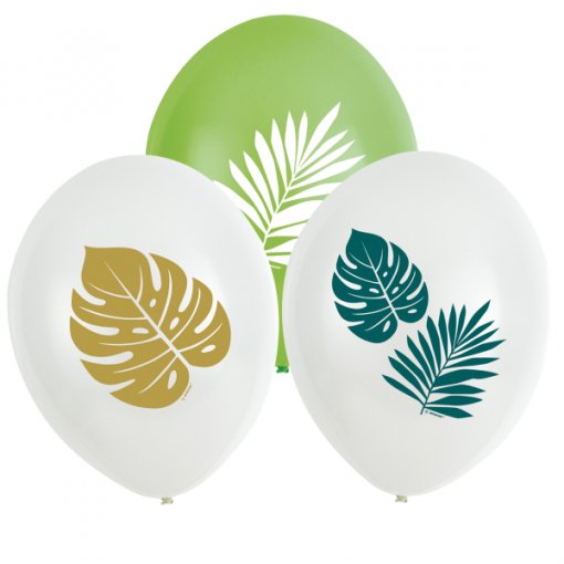 Três balões de látex decorativos com estampas de folhas em verde, branco e dourado.