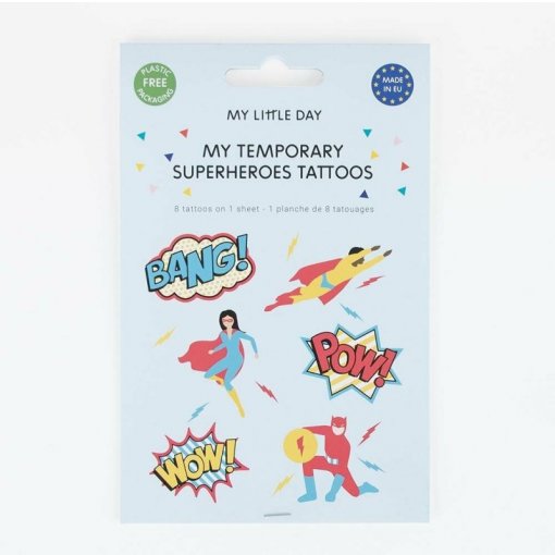 Pacote de tatuagens temporárias com desenhos de super-heróis e palavras coloridas