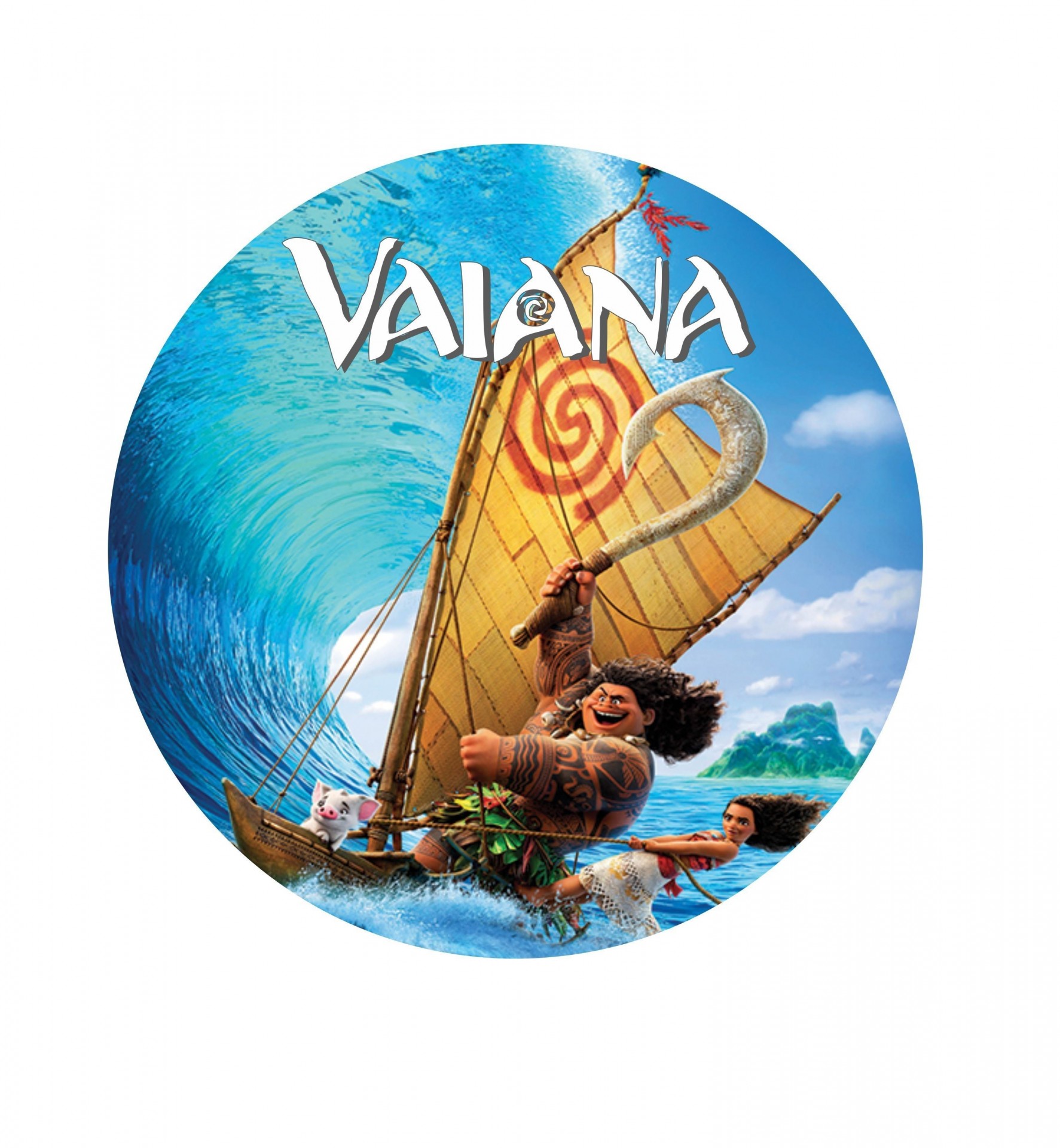 Impressão comestível Vaiana Ilustração redonda de Vaiana com barco, personagens, porquinho e mar azul