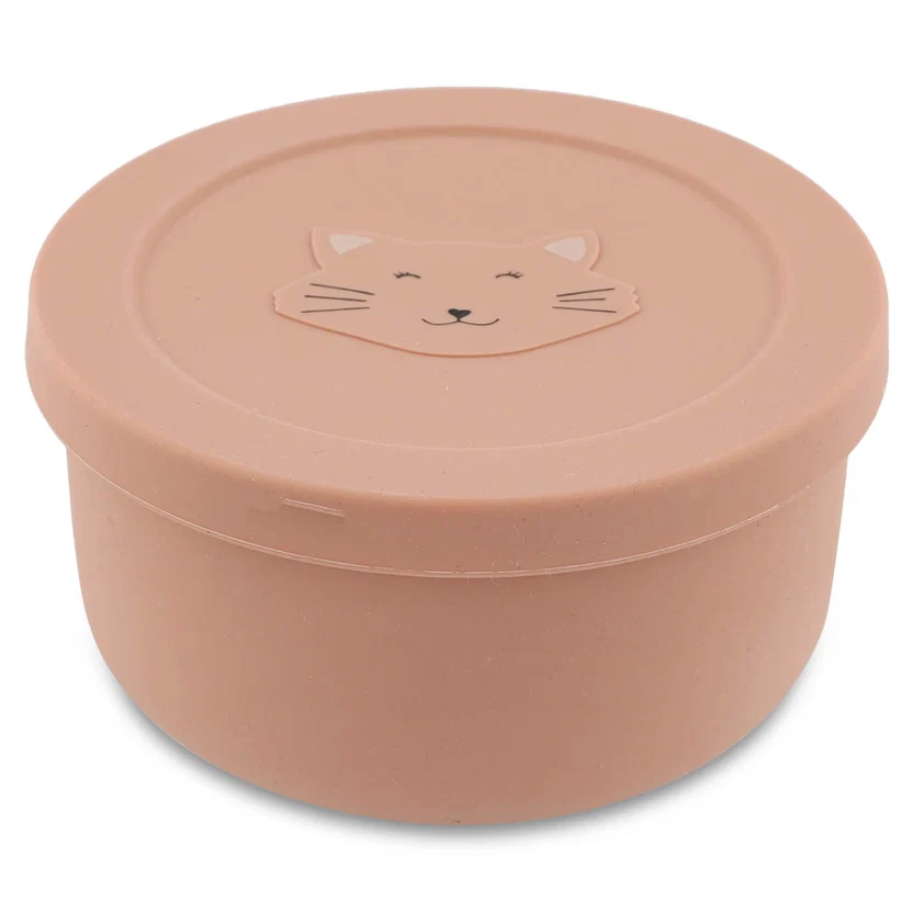 Recipiente de Silicone Snacks C/ Tampa – Mrs. Cat Recipiente redondo cor de rosa com tampa e cara de gato em relevo