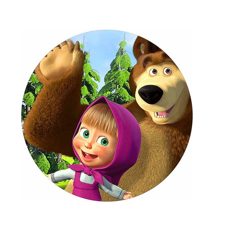 Impressão comestível Masha e o urso Ilustração redonda de rapariga com capuz roxo e urso castanho com árvores ao fundo