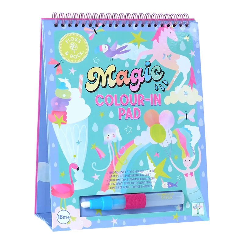 Cavalete e caneta mágica com mudança de cor para cartões de água - Fantasia Bloco para colorir azul com desenhos de unicórnio e flamingo acompanhado por caneta azul.