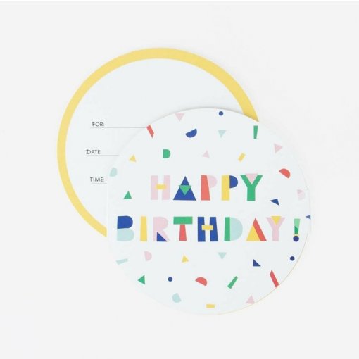 Convite redondo de aniversário com texto colorido e espaço para data e hora