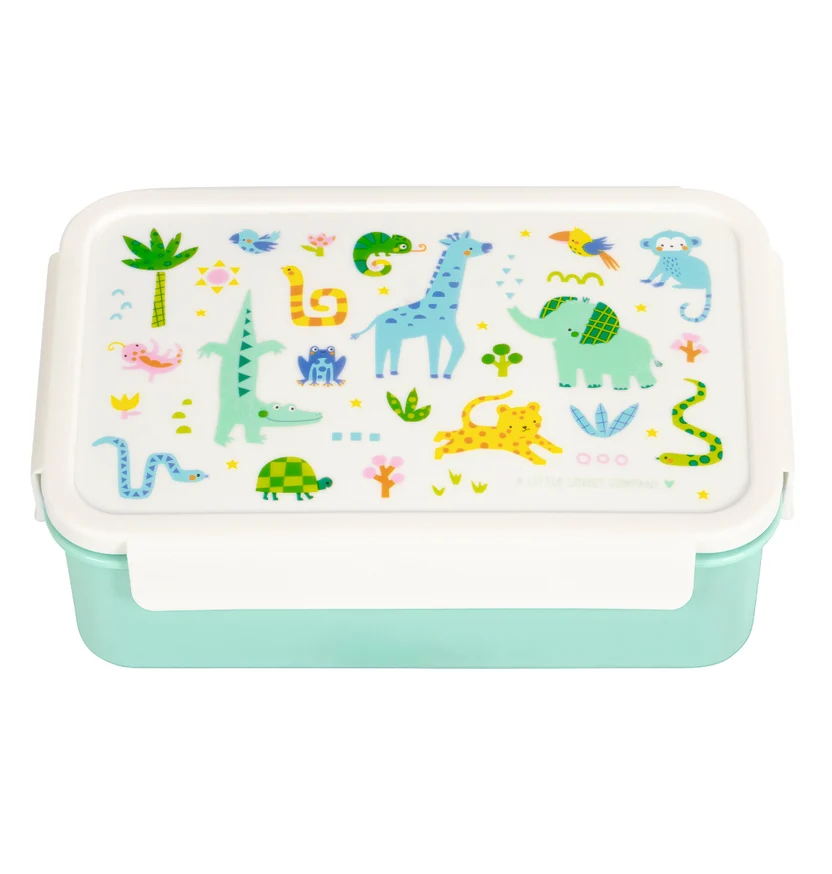 Lancheira Selva Marmita com tampa decorada com desenhos de animais coloridos