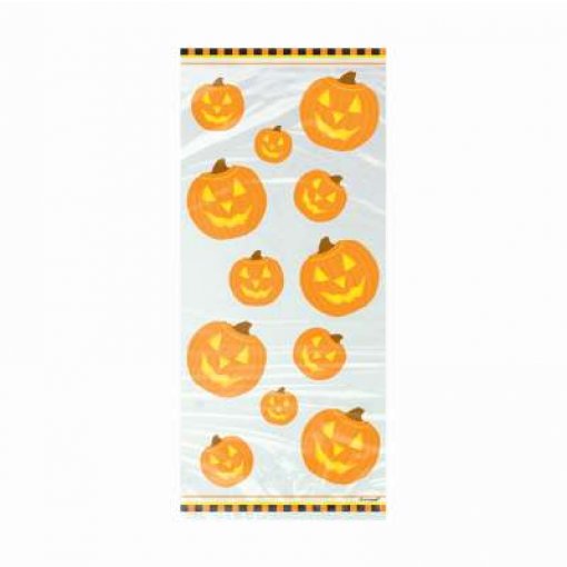 Saco plástico decorativo com estampado de abóboras de Halloween laranja e bordas às riscas preta e laranja