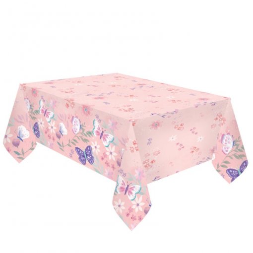 Toalha de mesa rosa com padrão de flores e borboletas