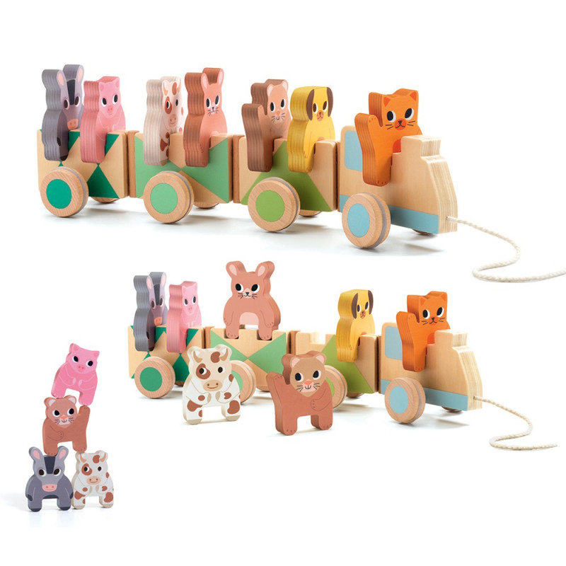 Comboio Animais da Quinta- Djeco Brinquedo comboio de madeira com animais coloridos e corda para puxar