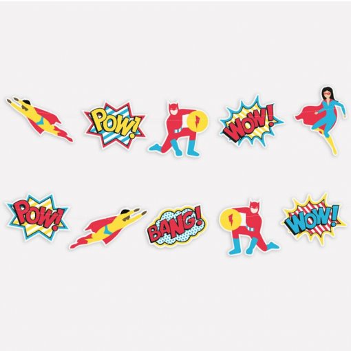 Autocolantes de super-heróis e palavras em estilo banda desenhada