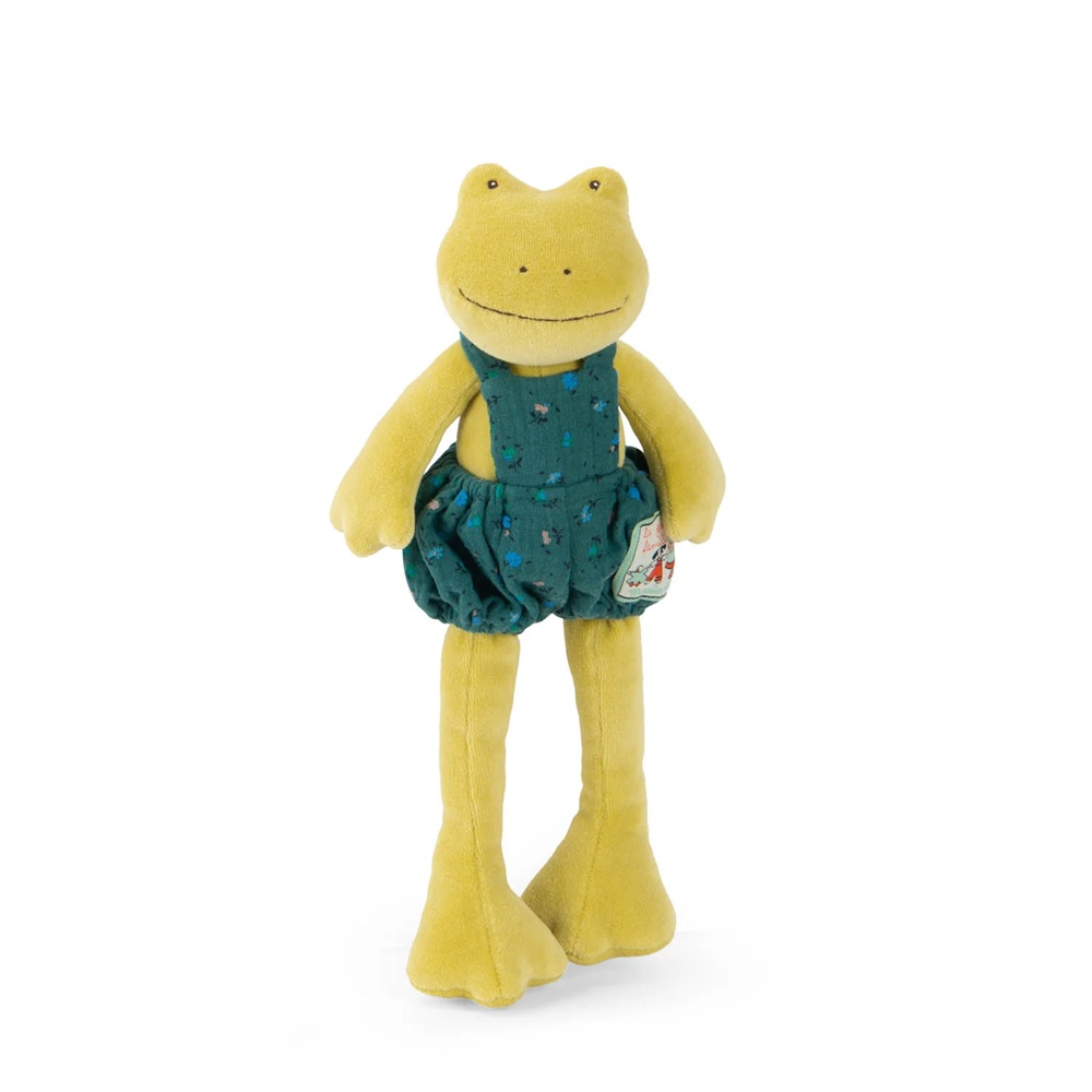 Sapo Perlette grande Peluche de rã amarela com macacão azul-esverdeado e padrão floral