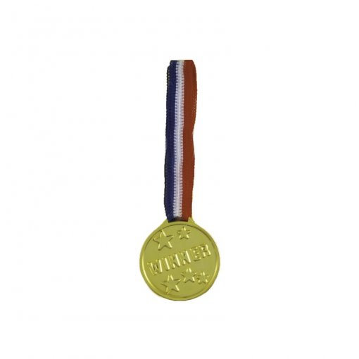 Medalha dourada com fita azul, branca e vermelha e a palavra WINNER