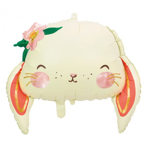 Balão de cabeça de coelho creme com orelhas rosa e dourado e flor rosa