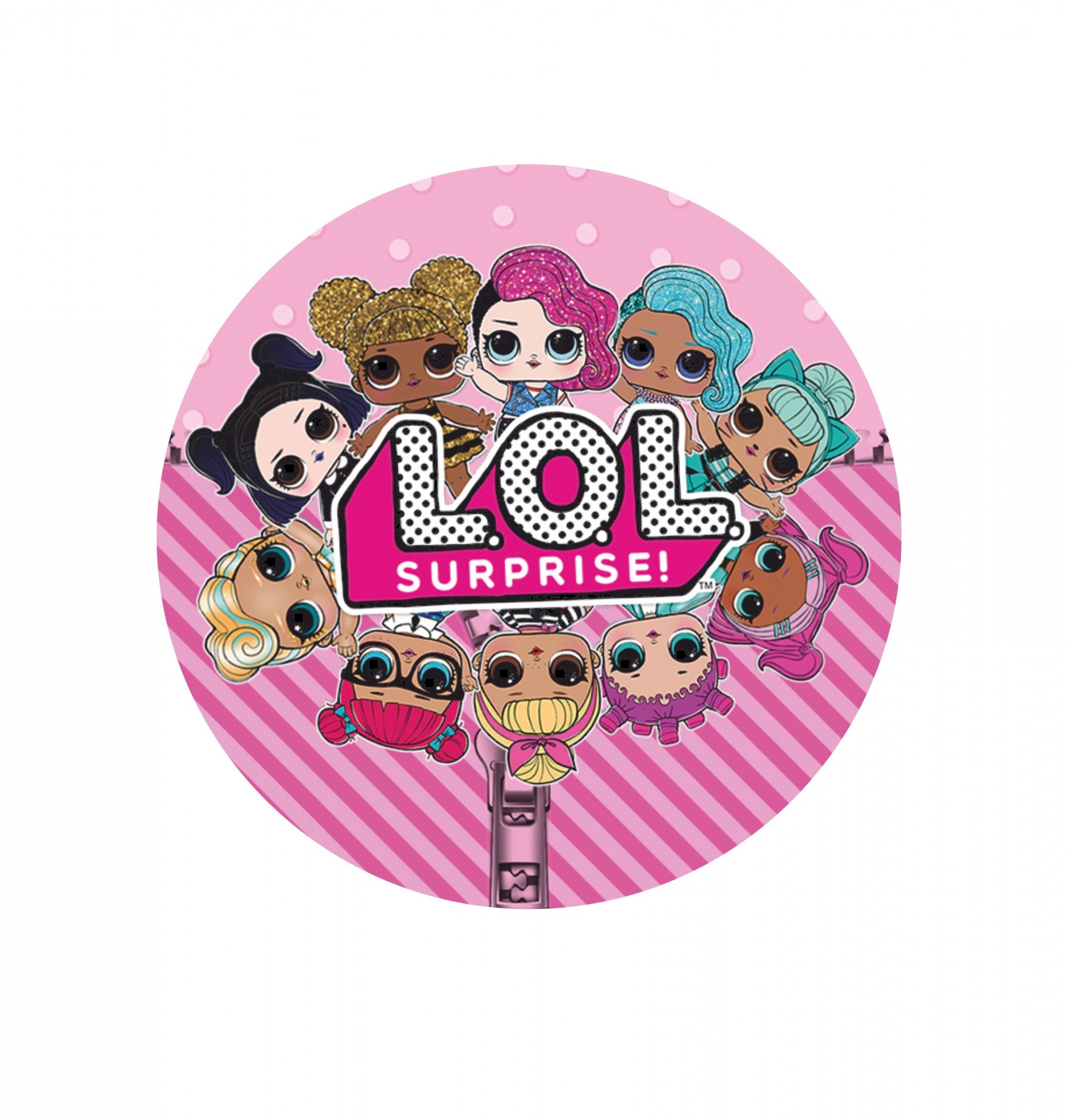 Impressão comestível LOL surprise Produto redondo rosa com personagens e texto L.O.L SURPRISE!
