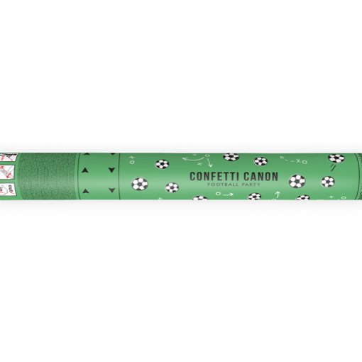 Tubo verde de confetti com bolas de futebol e texto CONFETTI CANON FOOTBALL PARTY
