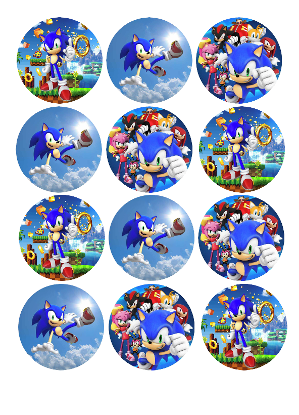Impressão comestível Bolachas/Cupcakes Sonic Círculos com imagens do Sonic the Hedgehog em diferentes fundos coloridos