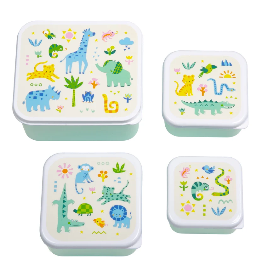 Set 4 Lancheiras : Selva Conjunto de quatro caixas verdes com tampas brancas decoradas com animais coloridos