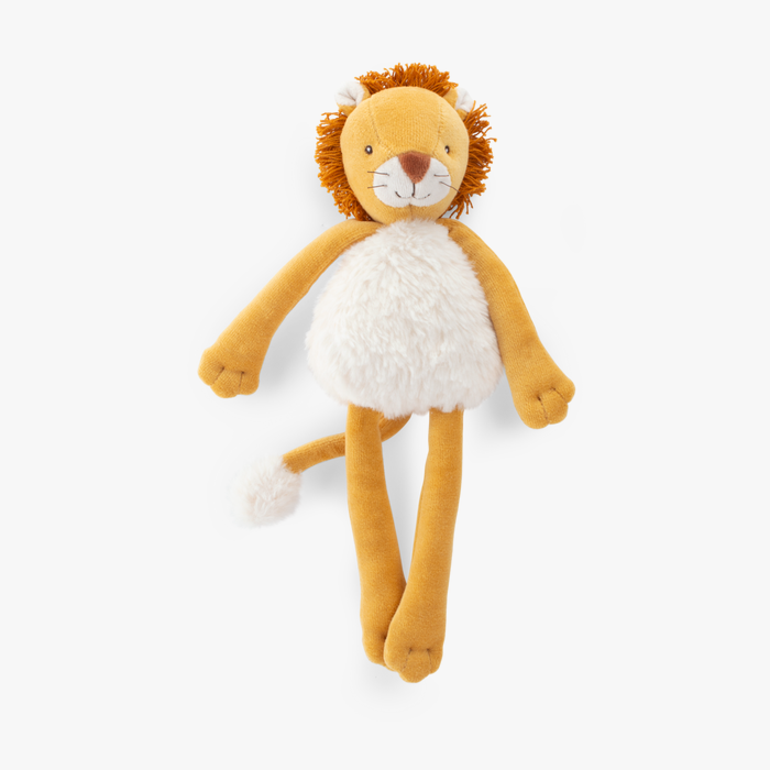 Peluche de leão amarelo com barriga branca e juba castanha