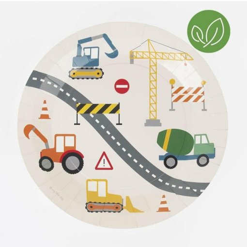 Tapete infantil redondo com padrão de obras e veículos coloridos numa estrada curva