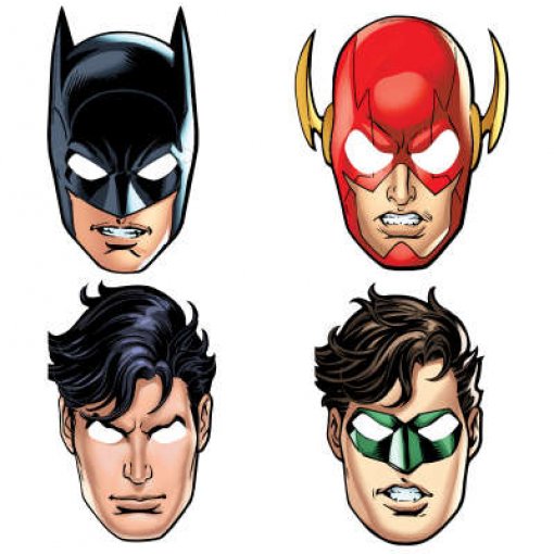 Rostos ilustrados de Batman, Flash, Superman e Lanterna Verde.