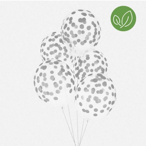 Balões transparentes com pontos cinzentos e ícone verde de folhas