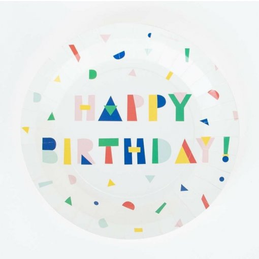 Prato descartável branco com frase colorida 'HAPPY BIRTHDAY!' e confetes coloridos.