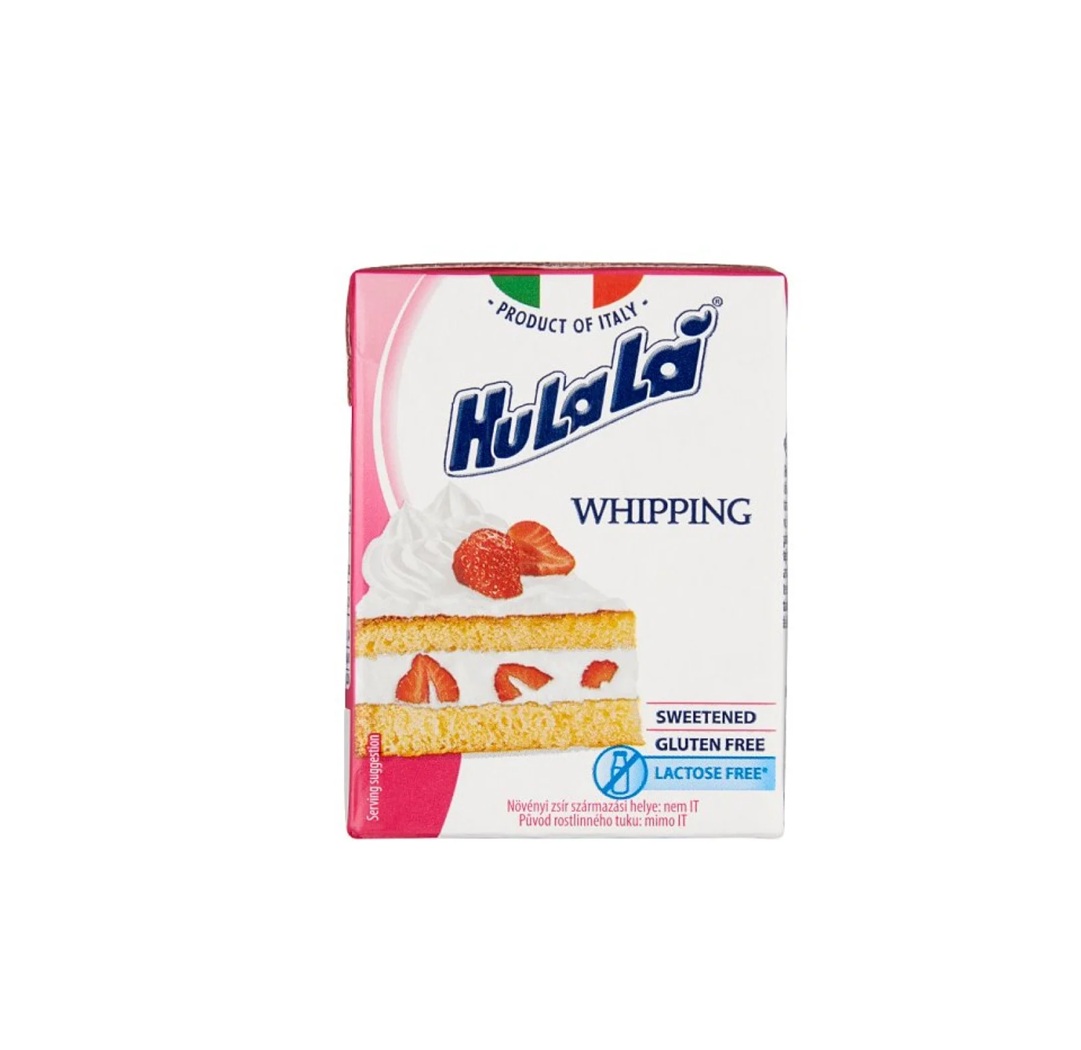 Natas Vegetais Hulalá 200ml Embalagem de chantilly Hulalà branca e rosa com imagem de bolo.