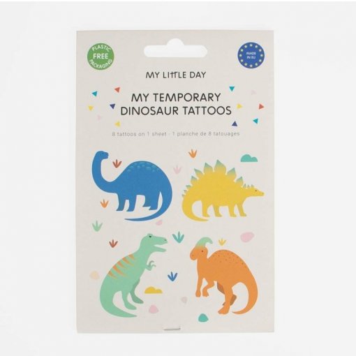 Pacote de tatuagens temporárias de dinossauros coloridos com texto e selos em fundo branco