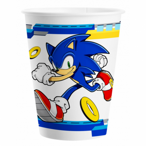 Copo branco com personagem Sonic e anéis amarelos