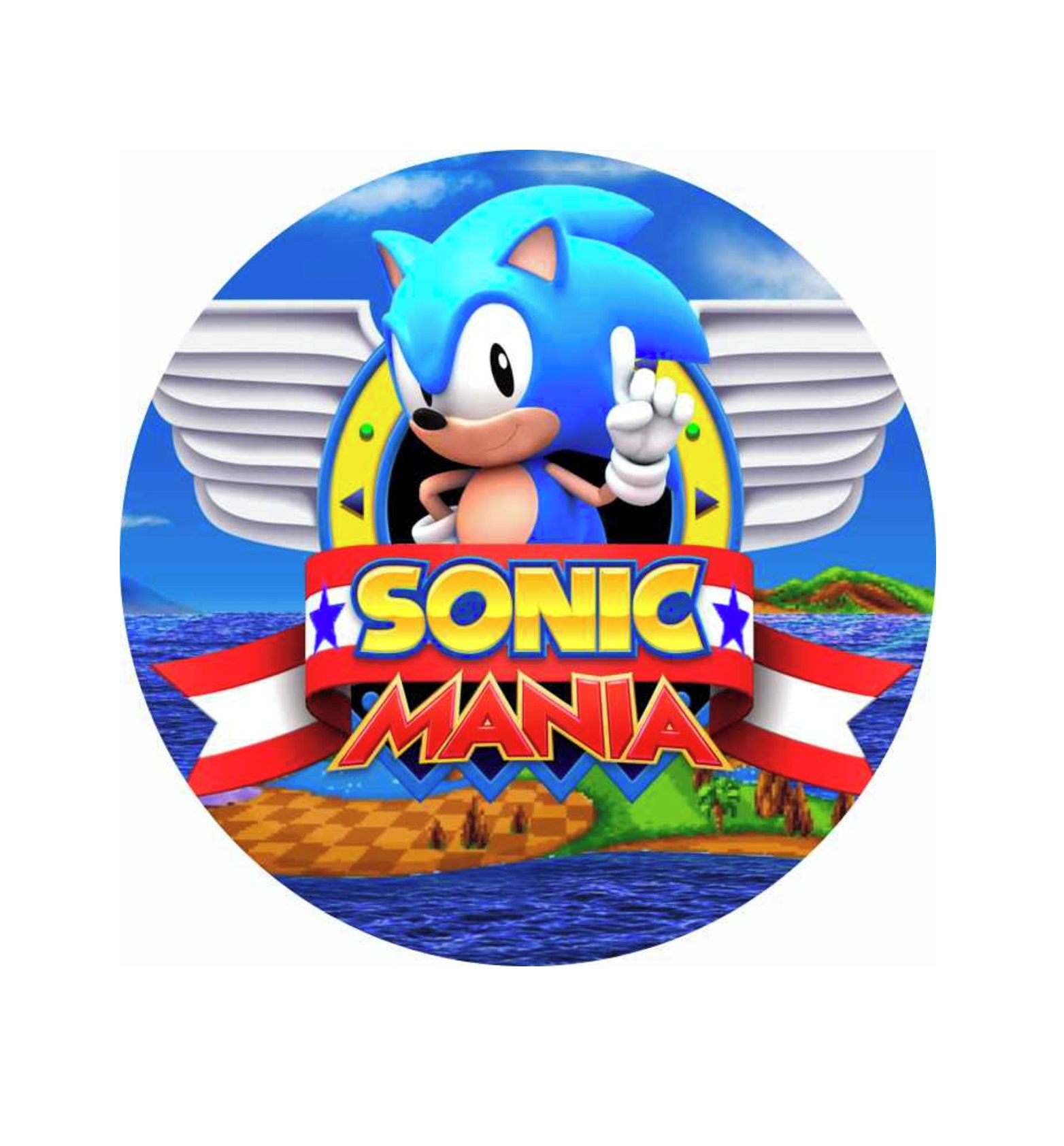 Impressão comestível Sonic Logotipo do videojogo Sonic Mania com personagem Sonic e paisagem