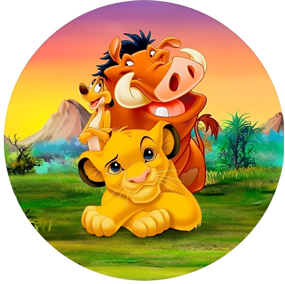 Impressão comestível redonda Rei Leão Personagens Simba, Timão e Pumba sobre fundo de pôr do sol e paisagem natural