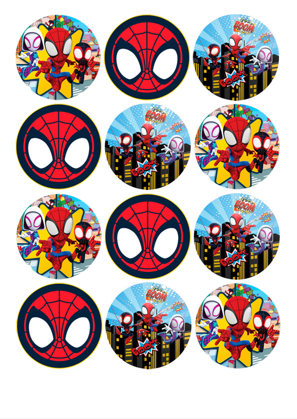 Impressão comestível Bolachas/Cupcakes Spidey Vários círculos com imagens do Homem-Aranha em estilos diferentes