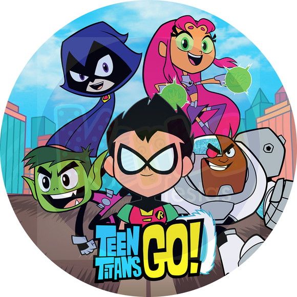 Impressão comestível Redonda Teen Titans go Personagens animados dos TEEN TITANS GO! com fundo de cidade colorido e texto colorido no centro