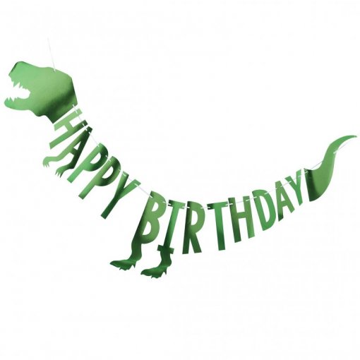 Bandeirola decorativa verde em forma de dinossauro com texto 'HAPPY BIRTHDAY'