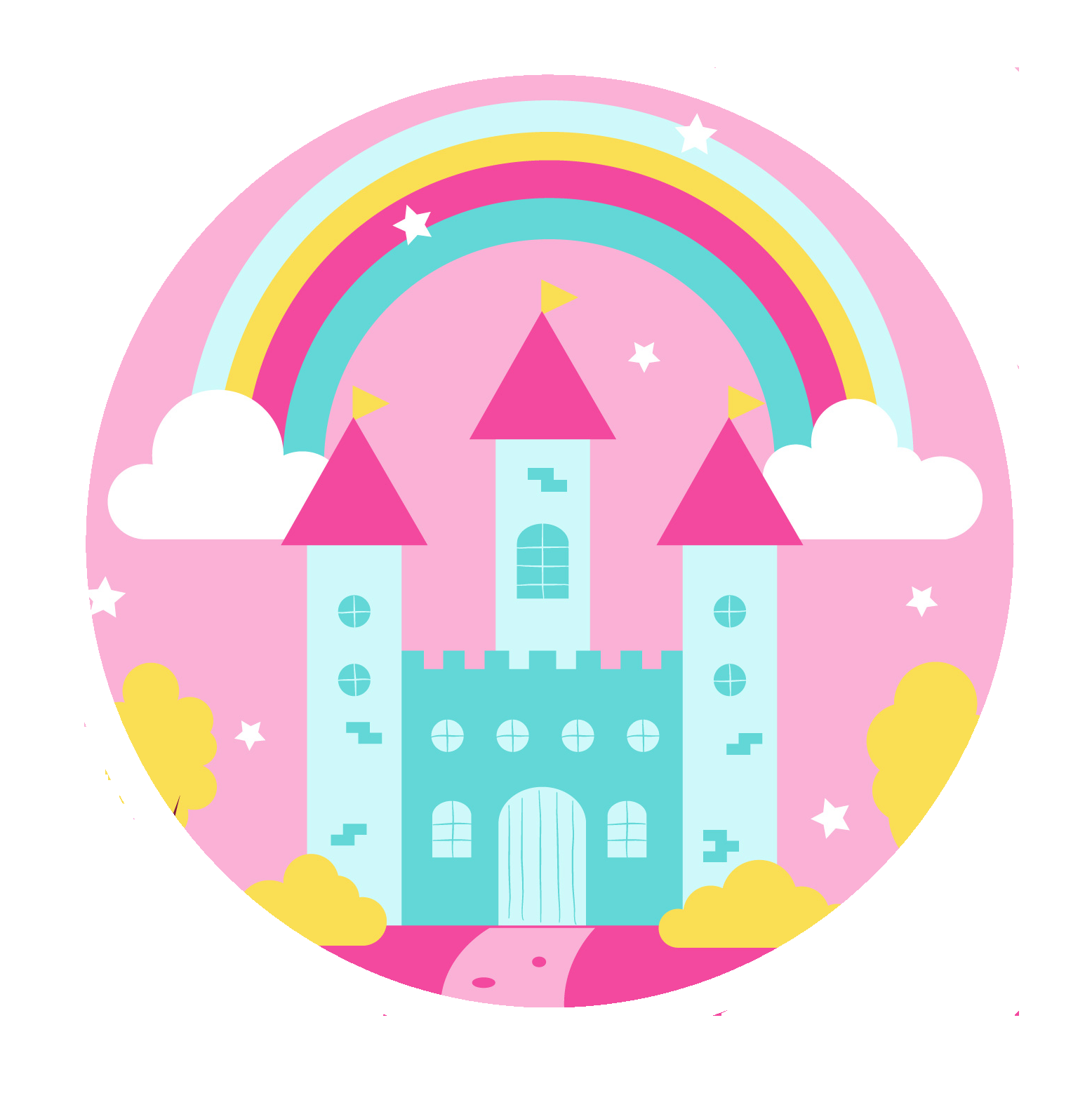 Impressão comestível redonda Castelo Princesa Castelo azul com três torres cor-de-rosa sob um arco-íris num cenário rosa