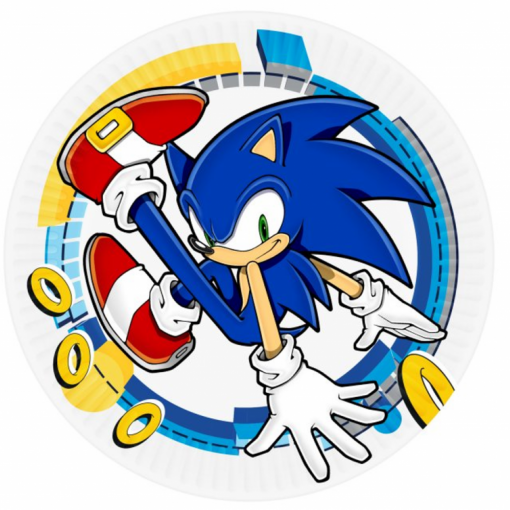 Prato de papel com imagem do personagem Sonic azul e anéis dourados