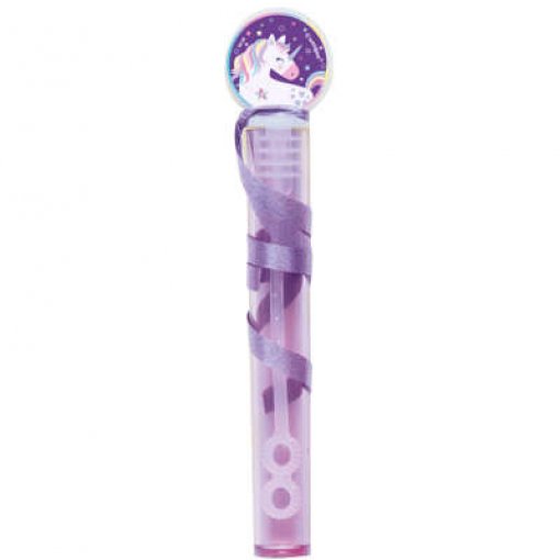 Tubo lilás de bolha de sabão com decoração de unicórnio na tampa