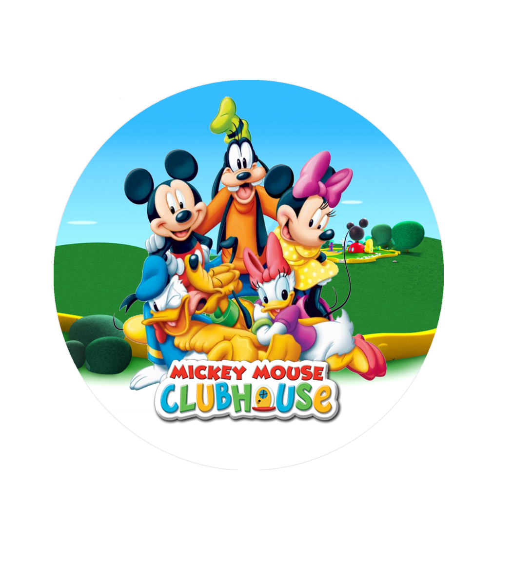Impressão comestível Mickey e amigos Personagens da Disney Mickey Mouse, Pateta, Donald, Pluto e Margarida com texto MICKEY MOOSE CLUBHOUSE