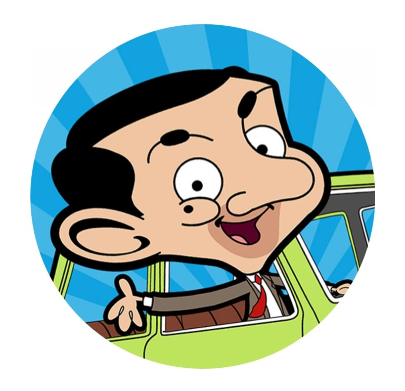 Impressão comestível redonda Mr. Bean Desenho animado de homem sorridente a conduzir um carro verde