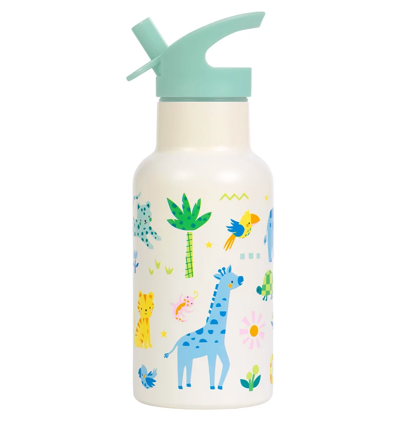 Garrafa de aço inoxidável: Selva Garrafa de água infantil com decoração de animais e tampa verde água