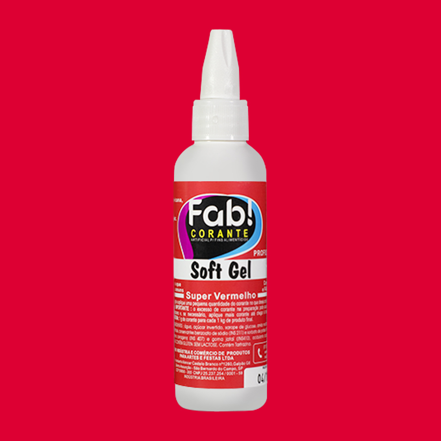 Corante SoftGel Super Vermelho Frasco plástico branco com rótulo vermelho e tampa branca contendo corante gel vermelho Fab! Corante