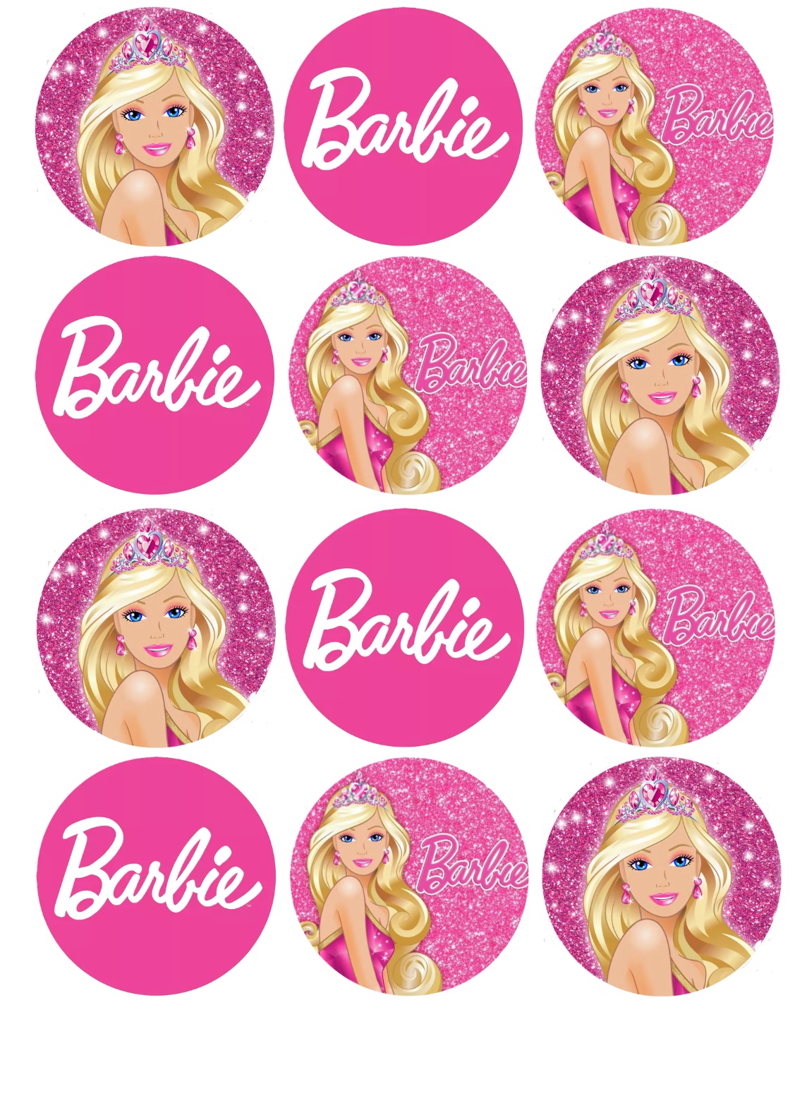 Impressão comestível Bolachas/Cupcakes Barbie Padrão repetido com logotipo Barbie e imagem da boneca Barbie loira com coroa e vestido rosa.