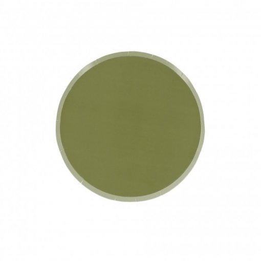 Disco circular verde oliva com bordas claras num fundo branco
