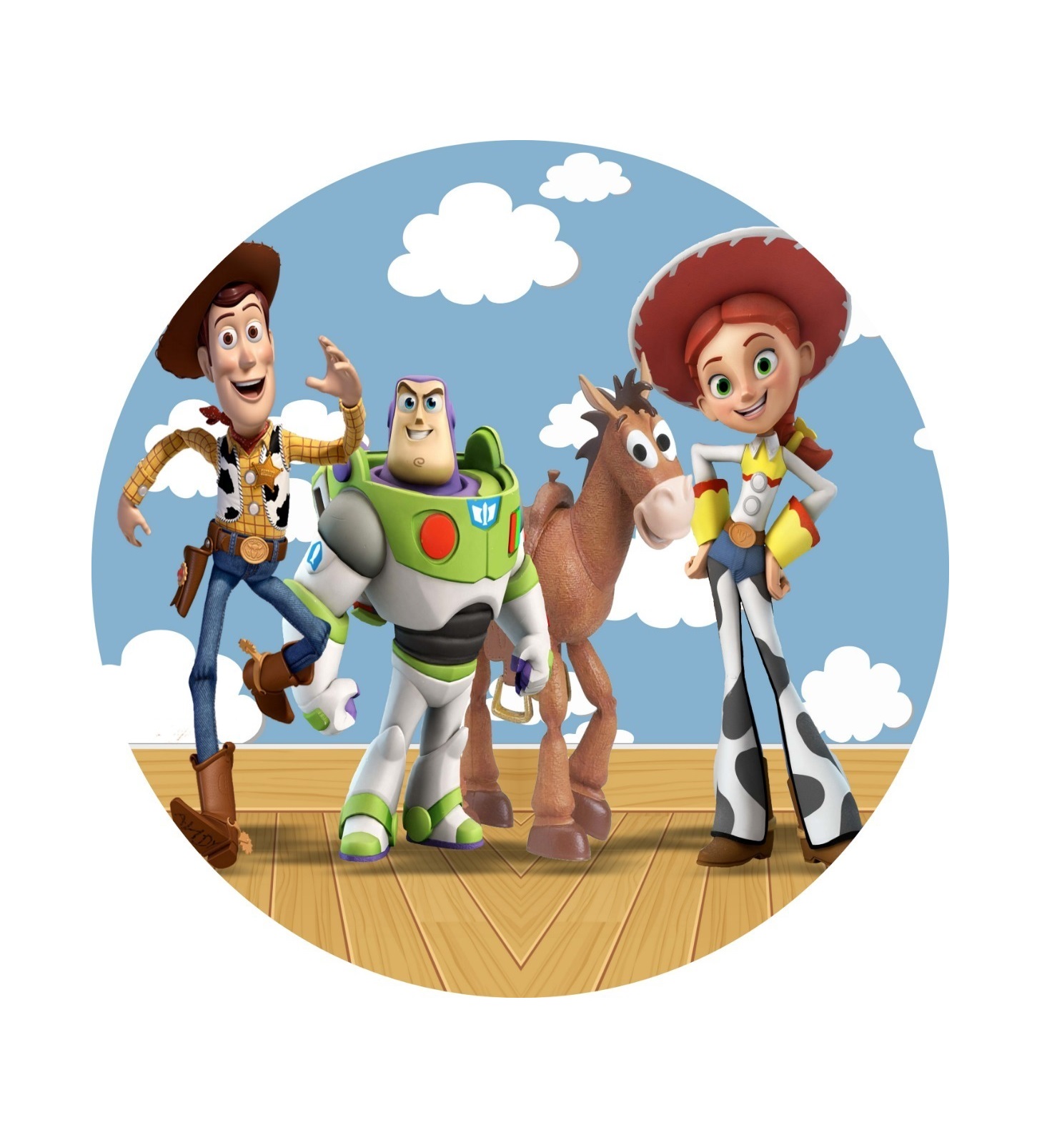 Impressão comestível Toy Story Quatro personagens animados com roupas de cowboy, astronauta e um cavalo numa base de madeira com fundo azul e nuvens brancas.