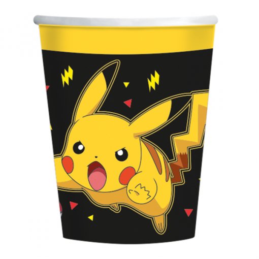 Copo de papel decorado com Pikachu amarelo e detalhes em preto e vermelho