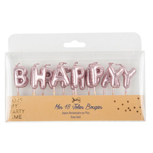 Velas de aniversário em forma de letras rosa dourado em embalagem transparente