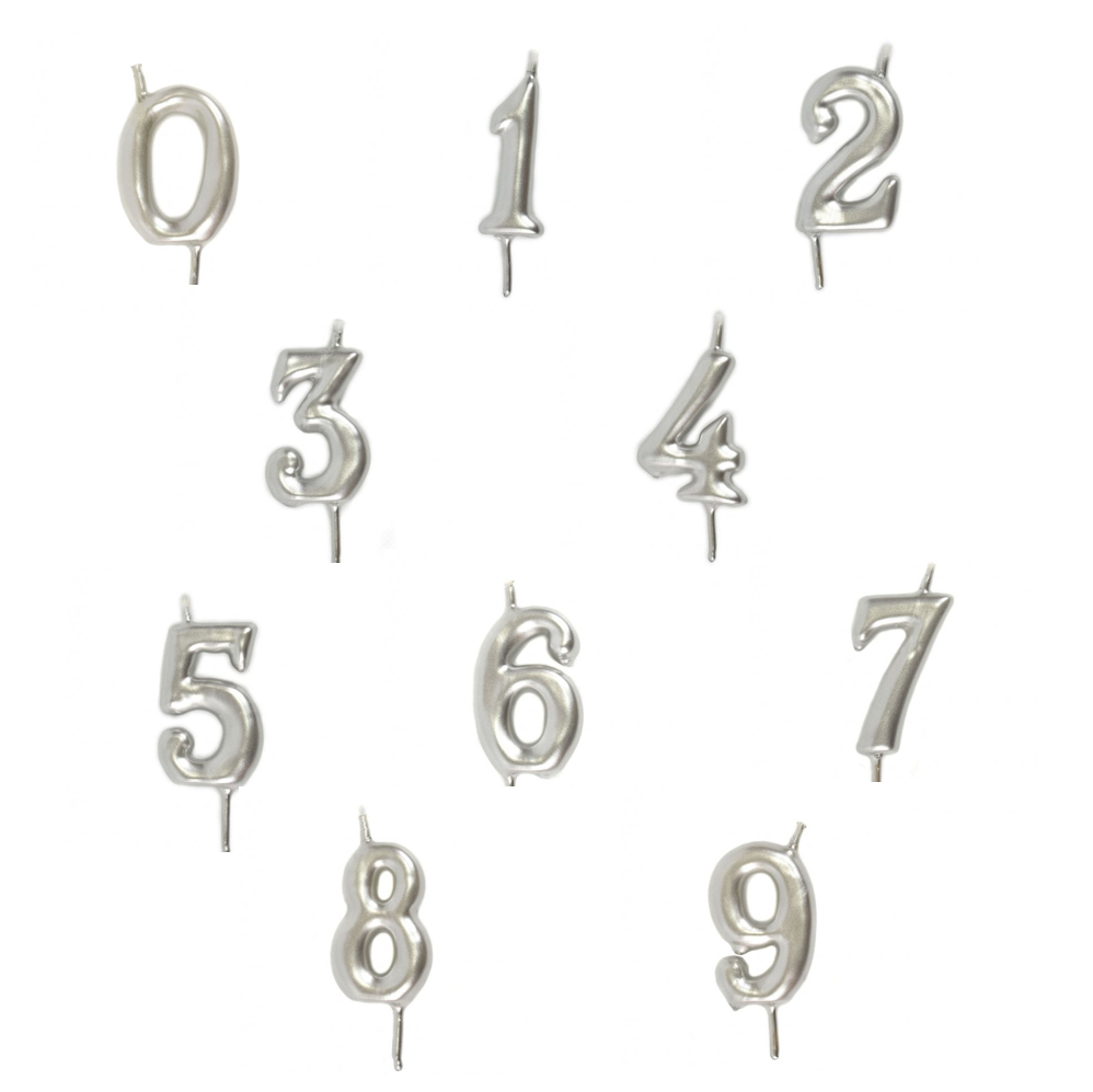 Velas prateadas em forma de números de 0 a 9 para bolos