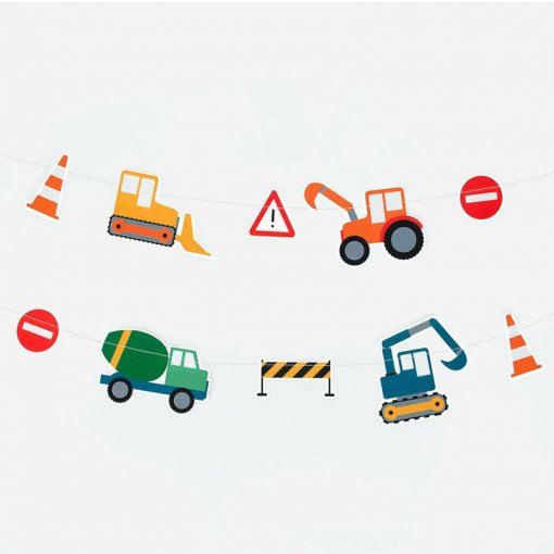 Corda decorativa com desenhos de veículos de construção e sinais de trânsito