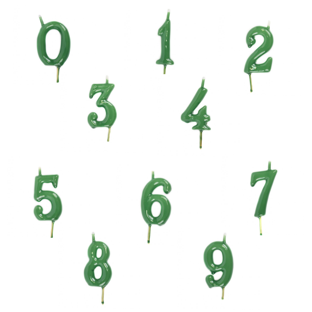 Velas de números verdes brilhantes de 0 a 9 com suporte