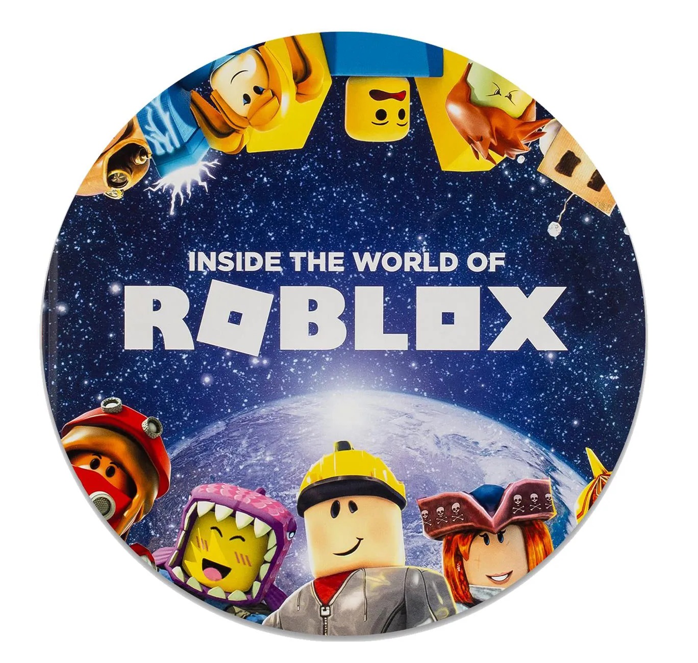 Impressão comestível redonda Roblox Disco redondo com imagem temática Roblox e texto INSIDE THE WORLD OF ROBLOX