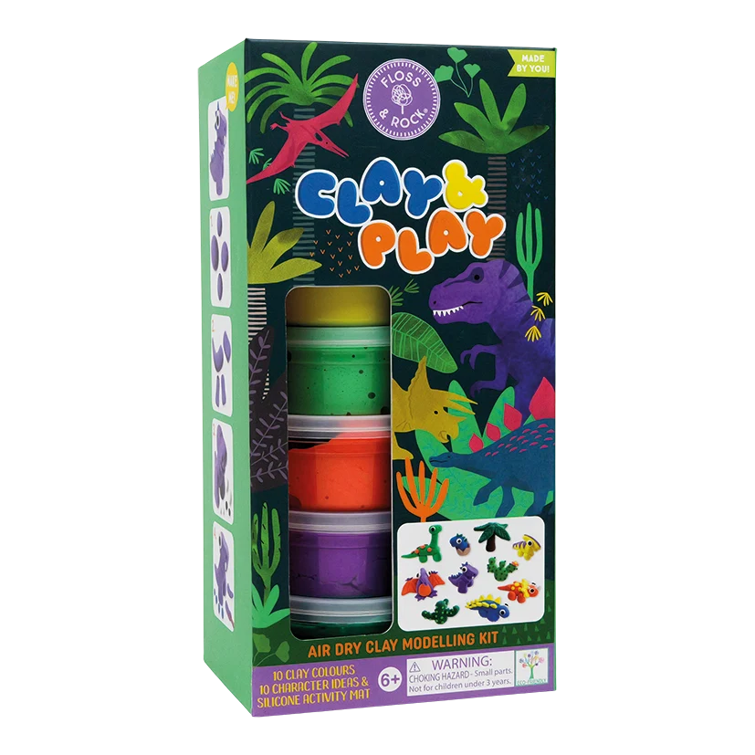 Clay & Play - Dinossauros Kit de argila para modelar com cores variadas dentro de caixa decorada com ilustrações de dinossauros.
